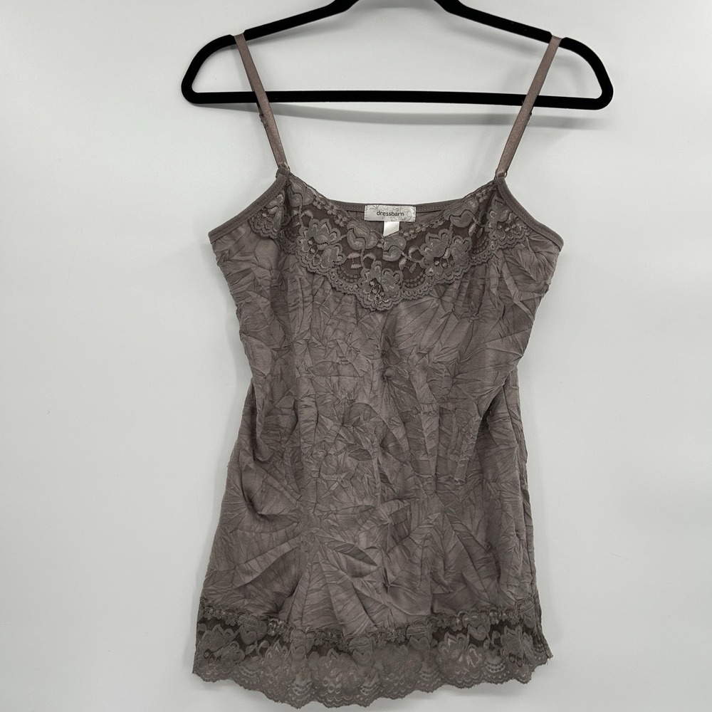 Dressbarn Womens Y2K Lace Trim Crinkle‎ Cami Sz M Grey Whimsigoth Fairy Coquette